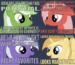 Size: 666x580 | Tagged: safe, derpibooru exclusive, editor:undeadponysoldier, oc, oc only, oc:comment, oc:downvote, oc:favourite, oc:upvote, alicorn, pegasus, pony, unicorn, derpibooru, g4, bow, confident, derpibooru family, derpibooru ponified, female, looking at each other, mare, meta, one ear down, opinion, ponified, pony icon, sad, simple background, stars, text
