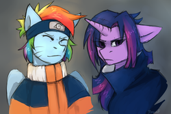 Size: 3000x2000 | Tagged: safe, artist:sinrinf, rainbow dash, twilight sparkle, pegasus, pony, unicorn, g4, clothes, crossover, high res, naruto, naruto: shippūden, shinobi, sketch, uchiha sasuke, uniform, uzumaki naruto