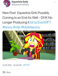 Size: 604x800 | Tagged: safe, sunset shimmer, equestria daily, epic fails, equestria girls, g4, my little pony equestria girls: summertime shorts, end of ponies, meta, text, the end of equestria girls, twitter