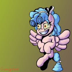 Size: 1024x1024 | Tagged: safe, artist:gangrene, cozy glow, pegasus, pony, g4, evil, evil smile, female, filly, gradient background, grin, hairband, smiling, solo, watermark, yellow eyes