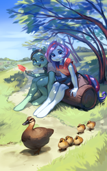 Size: 2971x4753 | Tagged: safe, artist:aphphphphp, bird, duck, anthro, unguligrade anthro, cute, female, log, scenery, sitting, tree