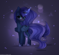Size: 3800x3500 | Tagged: safe, artist:sukiskuki, princess luna, alicorn, pony, g4, blushing, chest fluff, cute, female, glowing horn, high res, horn, looking at you, lunabetes, magic, mare, smiling, solo, wing fluff