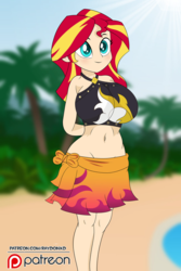 Size: 800x1197 | Tagged: safe, artist:raydonxd, sunset shimmer, equestria girls, equestria girls series, adorasexy, beach, beautiful, belly button, big breasts, bikini, bikini top, breasts, busty sunset shimmer, clothes, commission, cute, female, forest, huge breasts, human coloration, moe, no panties, ocean, patreon, patreon logo, sarong, sexy, shimmerbetes, skirt, smiling, solo, summer sunset, swimsuit