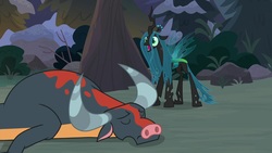 Size: 1920x1080 | Tagged: safe, screencap, queen chrysalis, changeling, changeling queen, ophiotaurus, frenemies (episode), g4, duo, eyes closed, female, male