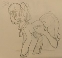 Size: 2406x2257 | Tagged: safe, artist:cadetredshirt, coco pommel, pony, unicorn, g4, clothes, female, high res, pencil drawing, shocked, shocked expression, short hair, sketch, solo, traditional art, walking, worried
