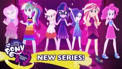 Size: 1280x720 | Tagged: safe, applejack, fluttershy, pinkie pie, rainbow dash, rarity, sunset shimmer, twilight sparkle, equestria girls, equestria girls series, g4, i'm on a yacht, spoiler:eqg series (season 2), cruise concert outfit, feet, humane five, humane seven, humane six, legs, neon eg logo, open-toed shoes, sandals, toes