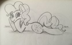 Size: 3082x1949 | Tagged: safe, artist:cadetredshirt, pinkie pie, earth pony, pony, g4, female, looking at you, pencil drawing, prone, sketch, solo, tongue out, traditional art