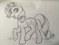Size: 2646x1997 | Tagged: safe, artist:cadetredshirt, rarity, pony, unicorn, g4, female, looking at you, pencil drawing, sketch, smiling, solo, traditional art, walking