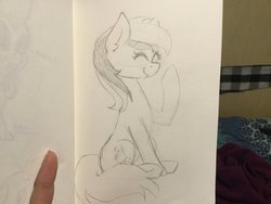 Size: 3264x2448 | Tagged: safe, artist:cadetredshirt, roseluck, earth pony, pony, g4, eyes closed, female, high res, hoof to nose, mare, monochrome, pencil drawing, sitting, sketch, smiling, solo, traditional art