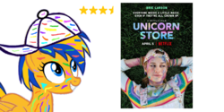 Size: 1200x600 | Tagged: safe, artist:mlpfan3991, oc, oc:flare spark, pony, g4, backwards cap, brie larson, cap, hat, paint, paint on fur, review, unicorn store (movie)