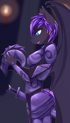 Size: 2000x3500 | Tagged: safe, artist:chapaevv, oc, oc only, oc:crescentstar the batpony, bat pony, anthro, armor, bat pony oc, clothes, female, helmet, high res, misleading thumbnail, open mouth, patreon, patreon reward, royal guard, solo, standing, sword, weapon, wings