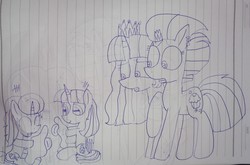 Size: 4522x2992 | Tagged: safe, artist:徐詩珮, fizzlepop berrytwist, tempest shadow, twilight sparkle, oc, oc:betty pop, oc:vesty sparkle, alicorn, pony, unicorn, g4, my little pony: the movie, alicorn oc, broken horn, ear piercing, earring, female, filly, gak, horn, jewelry, lineart, magical lesbian spawn, mare, mother and daughter, next generation, offspring, parent:flash sentry, parent:glitter drops, parent:tempest shadow, parent:twilight sparkle, parents:flashlight, parents:glittershadow, piercing, traditional art, twilight sparkle (alicorn)