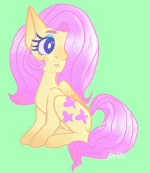Size: 650x750 | Tagged: safe, artist:madlad-sam, fluttershy, pegasus, pony, g4, cute, female, green background, hair over one eye, mare, shyabetes, simple background, sitting, solo, white pupils