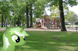 Size: 668x439 | Tagged: safe, derpibooru exclusive, edit, editor:undeadponysoldier, oc, oc only, oc:upvote, pony, unicorn, derpibooru, g4, bench, derpibooru ponified, female, grass, irl, mare, meta, park, photo, playground, ponies in real life, ponified, slide, solo, swing set, tree