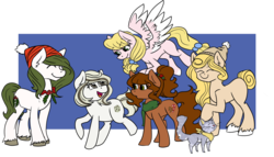 Size: 1280x732 | Tagged: safe, artist:cadetredshirt, oc, oc:adelaide, oc:carol, oc:cookie crisp, oc:french toast, oc:mistletoe, cat, earth pony, pegasus, pony, beanie, clothes, eyes closed, flying, hair up, hairpin, hat, looking away, pet, petting, ponytail, scarf, simple background, skeptical, smiling, unshorn fetlocks, walking