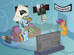 Size: 1200x900 | Tagged: safe, artist:m.w., rainbow dash, scootaloo, tank, g4, baseball cap, calendar, cap, clothes, couch, daenerys targaryen, game of thrones, hat, jon snow, pennant, poster, scarf, television, trash can, watching tv