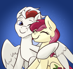 Size: 1057x997 | Tagged: safe, artist:cadetredshirt, roseluck, oc, oc:lucky knight, earth pony, pegasus, pony, g4, canon x oc, cuddling, eyes closed, gradient background, hoof on shoulder, nuzzling, simple background, sitting, smiling, wings