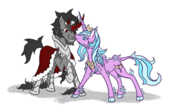 Size: 900x563 | Tagged: safe, artist:moonrisethemage, idw, king sombra, radiant hope, alicorn, classical unicorn, crystal pony, pony, unicorn, g4, siege of the crystal empire, cape, clothes, cloven hooves, colored hooves, crown, crystal, crystal fetlocks, crystal horn, duo, female, horn, jewelry, leonine tail, male, mare, peytral, princess radiant hope, raised hoof, regalia, ship:hopebra, shipping, simple background, stallion, straight, unshorn fetlocks, white background