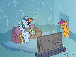 Size: 1200x900 | Tagged: safe, alternate version, artist:m.w., rainbow dash, scootaloo, tank, g4, baseball cap, cap, clothes, couch, hat, pennant, scarf, television, watching tv