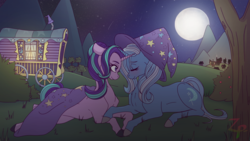 Size: 1920x1080 | Tagged: safe, artist:appletaffy, starlight glimmer, trixie, pony, unicorn, g4, clothes, female, hat, lesbian, mare, night, realistic horse legs, ship:startrix, shipping, trixie's hat, trixie's wagon