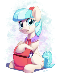Size: 1128x1500 | Tagged: safe, artist:tsitra360, coco pommel, rarity, earth pony, pony, bag, cocobetes, cute, female, flower, flower in hair, happy, looking at you, mare, open mouth, plushie, sitting, smiling, solo
