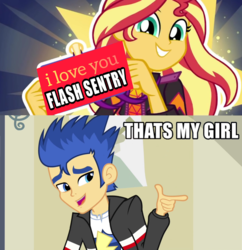 Size: 1280x1324 | Tagged: safe, edit, edited screencap, screencap, flash sentry, sunset shimmer, equestria girls, g4, how to backstage, my little pony equestria girls: better together, my little pony equestria girls: rainbow rocks, female, impact font, male, ship:flashimmer, shipping, straight