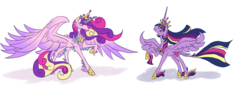 Size: 1600x582 | Tagged: safe, artist:moonrisethemage, princess cadance, twilight sparkle, alicorn, pony, g4, chest feathers, colored fetlocks, colored wings, crown, crystal, crystal fetlocks, duo, element of generosity, element of kindness, element of laughter, element of magic, elements of harmony, ethereal mane, feathered fetlocks, female, future, gradient wings, hoof shoes, horn, jewelry, large wings, leonine tail, long description, long horn, mare, peytral, pointy horn, raised hoof, regalia, shoulder feathers, simple background, spread wings, tail feathers, twilight sparkle (alicorn), ultimate cadance, ultimate twilight, unshorn fetlocks, white background, wings
