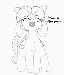 Size: 3221x3756 | Tagged: safe, artist:pabbley, yona, earth pony, pony, g4, she's all yak, best pony, bow, chest fluff, cute, eyes closed, female, hair bow, happy, heart, high res, monkey swings, monochrome, open mouth, ponified, pony yona, simple background, sketch, smiling, solo, species swap, white background, yonadorable