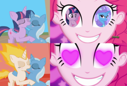 Size: 2112x1434 | Tagged: safe, artist:proteusiii, edit, pinkie pie, trixie, twilight sparkle, alicorn, coinky-dink world, eqg summertime shorts, equestria girls, g4, female, heart, heart eyes, lesbian, meme, pinkie's eyes, rapidash twilight, ship:twixie, shipping, shipping domino, twilight sparkle (alicorn), wingding eyes
