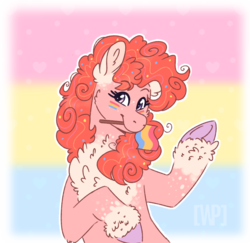 Size: 768x745 | Tagged: safe, artist:wanderingpegasus, pinkie pie, earth pony, pony, g4, chest fluff, cute, diapinkes, female, headcanon, lgbt, lgbt headcanon, mare, mouth hold, pan pinkie pie, pansexual, pansexual pride flag, pride, pride flag, sexuality headcanon