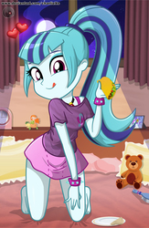 Size: 600x921 | Tagged: safe, artist:charliexe, sonata dusk, equestria girls, g4, adorasexy, barefoot, clothes, curtains, cute, feet, female, food, heart, legs, miniskirt, moon, night, plate, ponytail, sexy, shirt, skirt, solo, sonatabetes, sonataco, spiked wristband, taco, teddy bear, that girl sure loves tacos, that siren sure does love tacos, thighs, tongue out, window, wristband