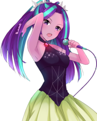 Size: 640x800 | Tagged: safe, artist:weiliy, aria blaze, equestria girls, g4, my little pony equestria girls: rainbow rocks, anime, ariabetes, armpits, bare shoulders, clothes, cute, dress, female, gem, microphone, pigtails, simple background, siren gem, sleeveless, solo, transparent background