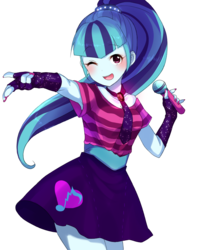 Size: 640x800 | Tagged: safe, artist:weiliy, sonata dusk, equestria girls, g4, anime, armpits, blushing, clothes, cute, dress, female, fingerless gloves, gem, gloves, microphone, nail polish, necktie, one eye closed, open mouth, simple background, siren gem, solo, sonatabetes, transparent background, wink