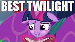 Size: 1920x1080 | Tagged: safe, edit, edited screencap, screencap, spike, twilight sparkle, alicorn, pony, a hearth's warming tail, g4, blushing, book, caption, cute, embarrassed, floppy ears, image macro, solo focus, text, twiabetes, twilight sparkle (alicorn)