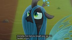 Size: 1920x1080 | Tagged: safe, edit, edited screencap, screencap, queen chrysalis, changeling, changeling queen, frenemies (episode), g4, better way to be bad, caption, ear, female, meme, solo, tumor, youtube caption