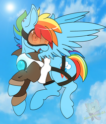 Size: 1708x2000 | Tagged: safe, artist:appletaffy, rainbow dash, pegasus, pony, g4, clothes, cloud, crossover, ear piercing, earring, female, flying, goggles, jacket, jewelry, looking at you, mare, open mouth, overwatch, piercing, rainbow tracer, sky, solo, straps, tracer