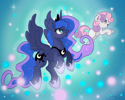 Size: 2500x2000 | Tagged: safe, artist:appletaffy, princess luna, sweetie belle, alicorn, pony, unicorn, for whom the sweetie belle toils, g4, blank flank, blushing, dream realm, dream walker luna, duo, ear fluff, ethereal mane, female, filly, floating, flying, hair over one eye, happy, high res, jewelry, mare, open mouth, regalia, spread wings, starry mane, wings