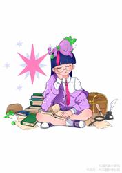 Size: 2894x4093 | Tagged: dead source, safe, artist:刚过千粉的噬云轩, spike, twilight sparkle, dragon, human, g4, book, chest, clothes, converse, cutie mark background, female, glasses, humanized, male, necktie, shoes, simple background, sleeping, sneakers, socks, white background