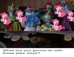 Size: 652x507 | Tagged: safe, edit, edited screencap, editor:undeadponysoldier, screencap, pinkie pie, earth pony, human, pony, g4, clown, clown makeup, clown outfit, comments, female, funny, funny as hell, irl, irl human, killer klowns from outer space, lol, mare, meme, movie, photo, police hat, police officer, police uniform, pun, wrong aspect ratio