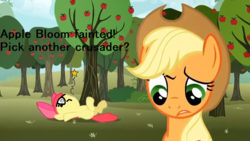 Size: 640x360 | Tagged: safe, edit, edited screencap, screencap, apple bloom, applejack, earth pony, pony, g4, season 2, the super speedy cider squeezy 6000, apple tree, circling stars, confused, dizzy, fainted, meme, on back, passed out, pokémon, reference, sweet apple acres, swirly eyes, tree
