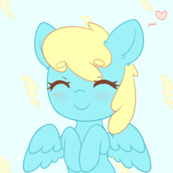 Size: 1937x1934 | Tagged: source needed, safe, artist:fluffymaiden, sassaflash, pegasus, pony, g4, background pony, beanbrows, chibi, cute, ear fluff, eyebrows, eyes closed, female, floating heart, heart, mare, sassabetes, solo