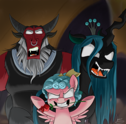 Size: 2591x2549 | Tagged: safe, artist:oinktweetstudios, cozy glow, lord tirek, queen chrysalis, centaur, changeling, changeling queen, pony, frenemies (episode), g4, cozy glow is best facemaker, crazy glow, empty eyes, female, filly, flower, flower in mouth, foal, high res, insanity, mouth hold, quadrupedal, rose, smiling, white eyes