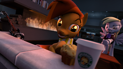 Size: 1920x1080 | Tagged: safe, artist:brownypony, derpy hooves, pony, g4, 3d, coffee, food, muffin, source filmmaker