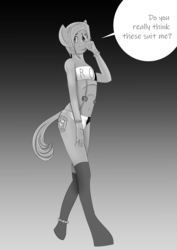 Size: 9921x14031 | Tagged: safe, artist:queen-razlad, oc, oc only, oc:towi, anthro, clothes, grayscale, jewelry, logo, looking at you, manga, monochrome, simple background, socks, solo, speech bubble, swimsuit
