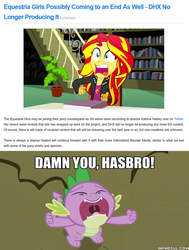 Size: 1364x1808 | Tagged: safe, dhx media, edit, edited screencap, screencap, spike, sunset shimmer, dragon, human, equestria daily, a dog and pony show, epic fails (equestria girls), eqg summertime shorts, equestria girls, g4, american dad, caption, end of ponies, female, hasbro, image macro, impact font, lucifer hasbro, male, meme, spike's no, text, the end is neigh, the end of equestria girls