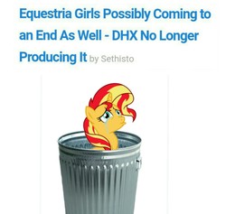 Size: 1269x1202 | Tagged: safe, edit, sunset shimmer, pony, unicorn, equestria daily, equestria girls, g4, abuse, downvote bait, end of ponies, into the trash it goes, op is a duck, op is trying to start shit, sad, shimmerbuse, sunsad shimmer, the end of equestria girls, trash can