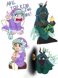 Size: 774x1032 | Tagged: safe, artist:fallenangel5414, cozy glow, queen chrysalis, human, anthro, frenemies (episode), g4, cozybetes, cross-popping veins, cupcake, cute, cutealis, eared humanization, female, food, horn, horned humanization, humanized, scene interpretation, sitting, tree stump, winged humanization, wings