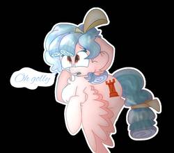 Size: 1070x942 | Tagged: safe, artist:cookiesmolbean, cozy glow, pegasus, pony, g4, black background, chest fluff, female, filly, flying, freckles, golly, simple background, solo, speech bubble, white outline