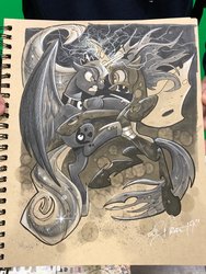 Size: 1536x2048 | Tagged: safe, artist:andypriceart, princess luna, queen chrysalis, alicorn, changeling, changeling queen, pony, g4, angry, duo, female, fight, glowing horn, grayscale, gritted teeth, horn, jewelry, looking at each other, mare, marker drawing, regalia, toned paper, traditional art