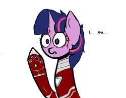 Size: 2865x2234 | Tagged: safe, artist:waffletheheadmare, twilight sparkle, pony, unicorn, g4, and i am iron man, avengers: endgame, blood, endgame, endgame spoilers, eyelashes, high res, horn, imminent death, infinity stones, iron man, iron mare, marvel, purple coat, purple mane, raised hoof, simple background, spoilers for another series, text